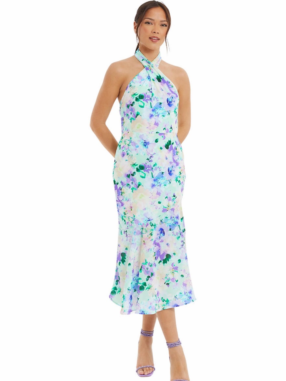 Quiz Lavender Green Floral One Shoulder Midi Cocktail Dress Size 12 NWT